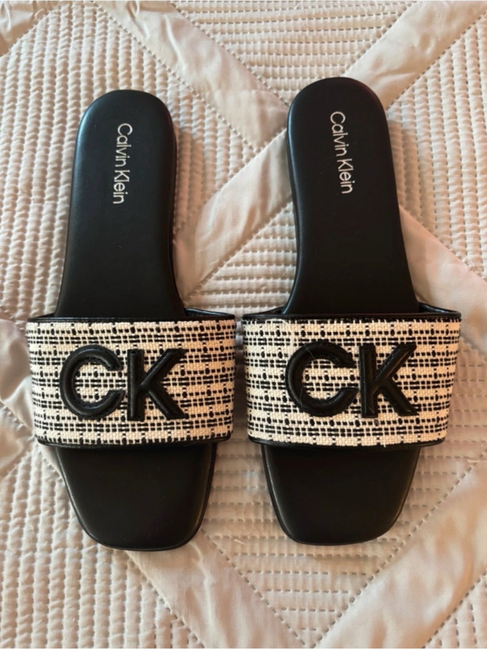 Calvin Klein Black Slides with White Patterned Strap and Raised CK Logo
